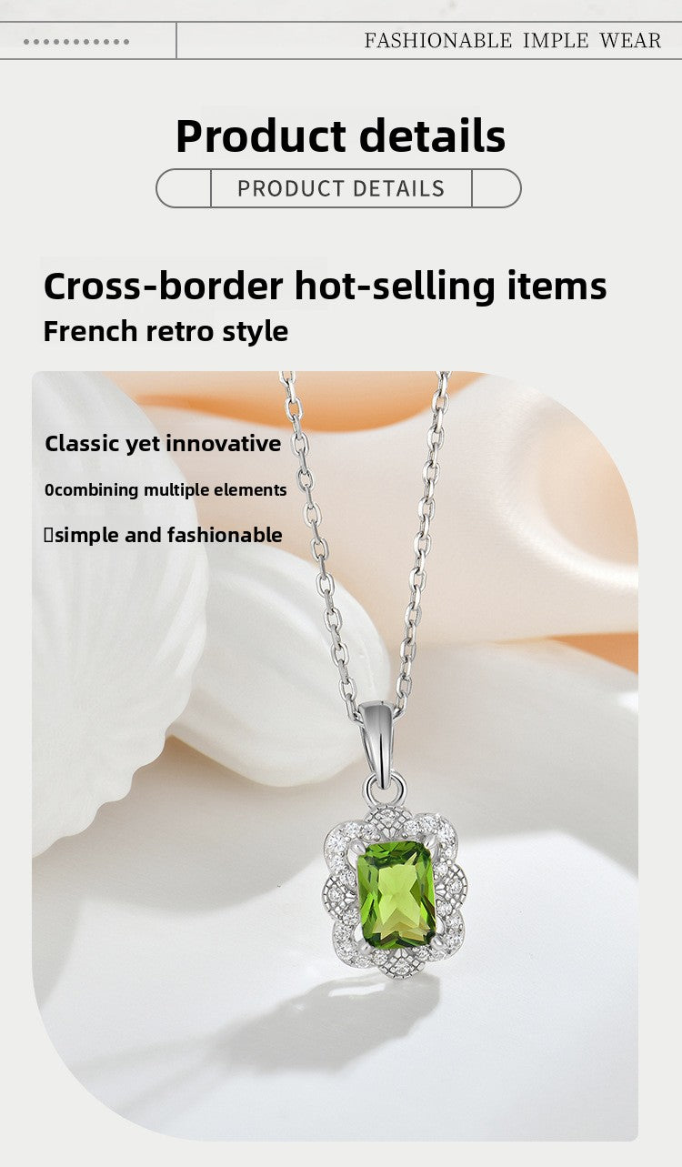Vintage Olive Zircon Sterling Silver Necklace for Women Collarbone Chain Jewelry - Suoaint