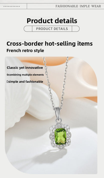 Vintage Olive Zircon Sterling Silver Necklace for Women Collarbone Chain Jewelry - Suoaint