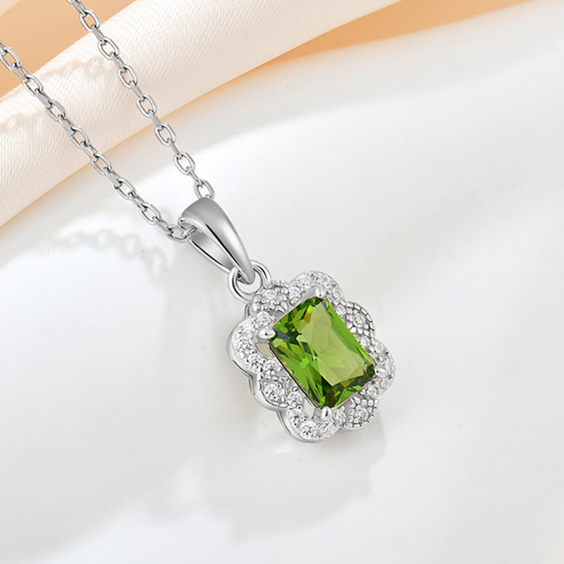 Vintage Olive Zircon Sterling Silver Necklace for Women Collarbone Chain Jewelry - Suoaint