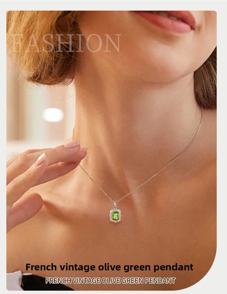 Vintage Olive Zircon Sterling Silver Necklace for Women Collarbone Chain Jewelry - Suoaint