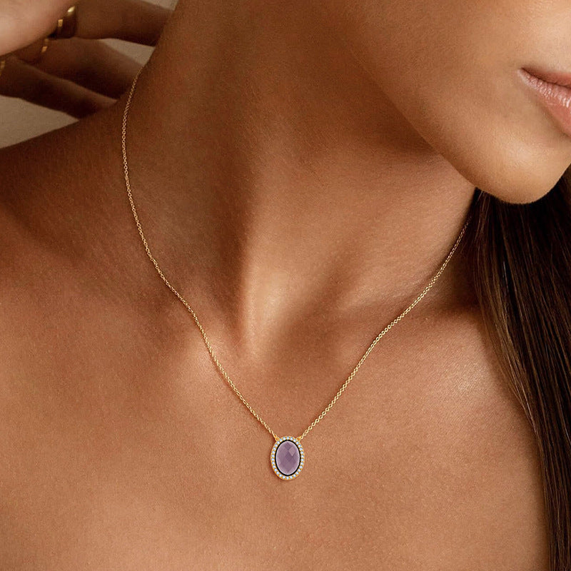 Pure silver egg-shaped lattice pendant natural amethyst necklace, high-end luxury accessory - Suoaint