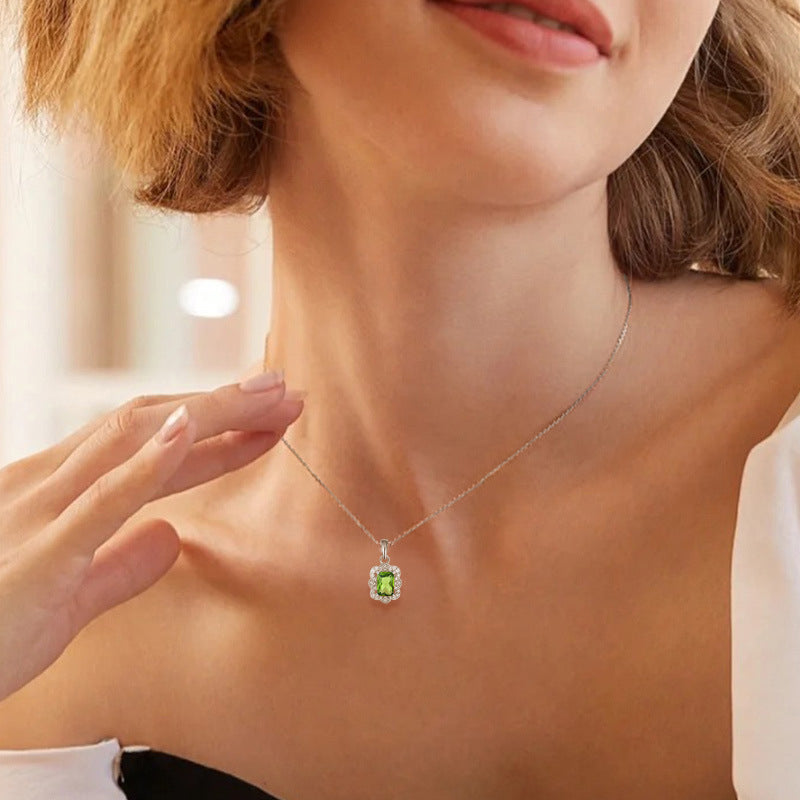 Vintage Olive Zircon Sterling Silver Necklace for Women Collarbone Chain Jewelry - Suoaint