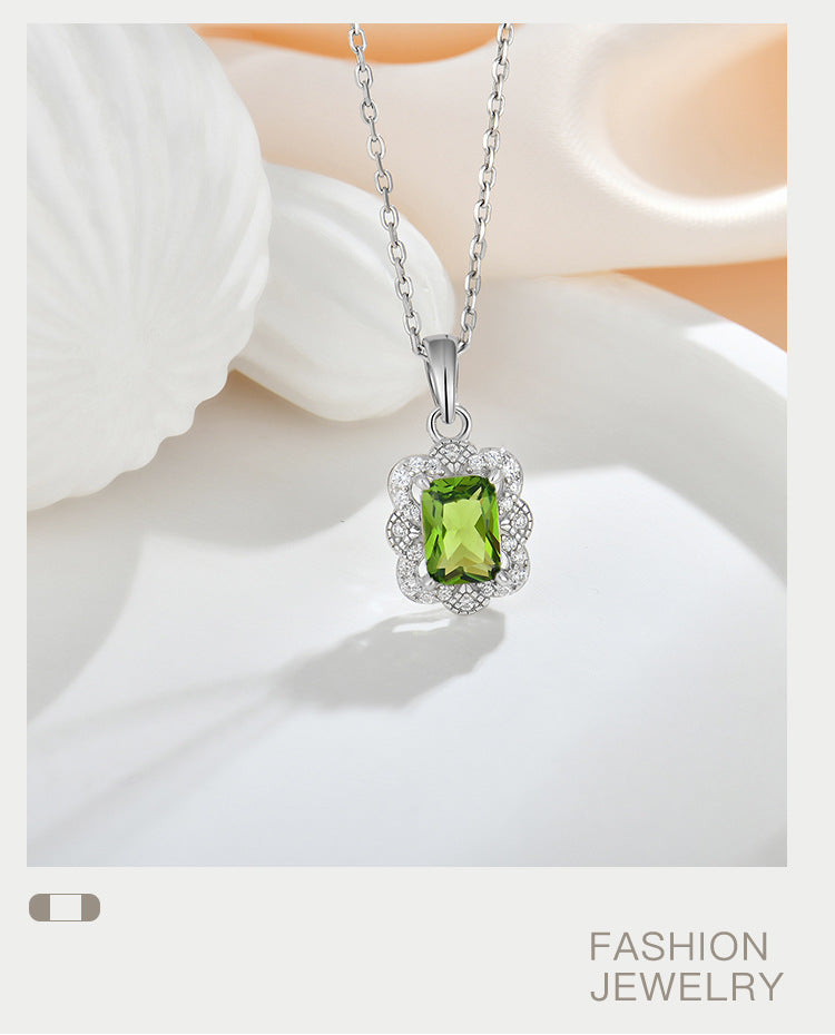 Vintage Olive Zircon Sterling Silver Necklace for Women Collarbone Chain Jewelry - Suoaint